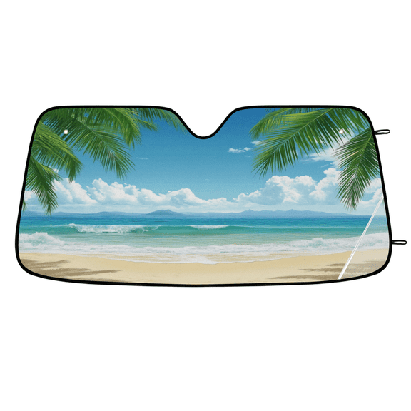 ADECORIVY Summer Beach Palm Tree Car Windshield Sun Shade, Front Window Car Sunshade Protector, Foldable UV Rays Sun Shield Visor Protector for SUV Truck Sedan, 55 x 27 in