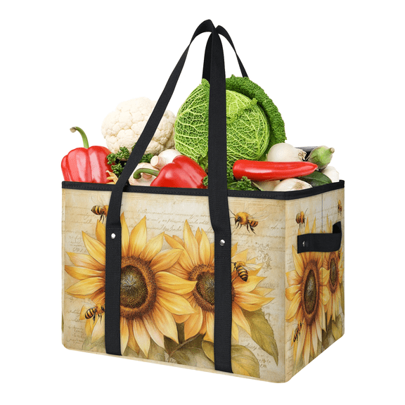 ADECORIVY Sunflower Bee Reusable Grocery Bags, Foldable Reusable Shopping Bags, Vintage Collapsible Tote Bag with Reinforced Handles for Kitchen, Picnic