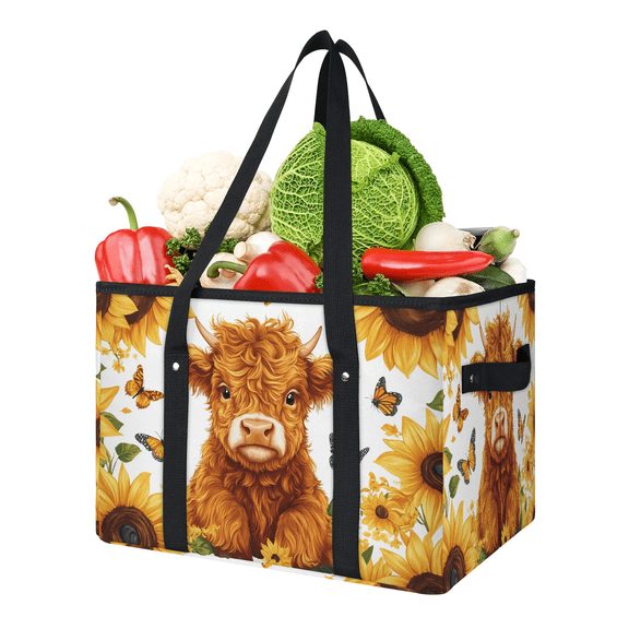 ADECORIVY Sunflower Highland Cow Reusable Grocery Bags, Foldable Reusable Shopping Bags, Cattle Butterfly Collapsible Tote Bag with Reinforced Handles for Kitchen, Picnic