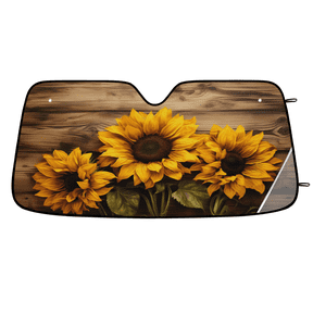 ADECORIVY Sunflower Wooden Board Car Windshield Sun Shade, Front Window Car Sunshade Protector, Foldable UV Rays Sun Shield Visor Protector for SUV Truck Sedan, 55 x 27 in