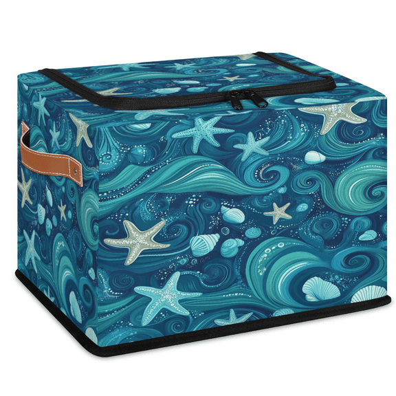 ADECORIVY Teal Starfish Conch Fabric Storage Bin with Lid, Decorative Closet Shelf Organizers, Sea Shell Foldable Basket Box Clothes Storage Bin with Handles
