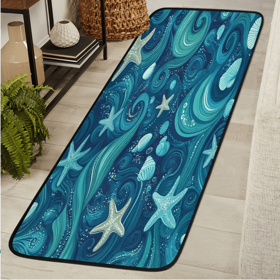 ADECORIVY Teal Starfish Conch Hallway Runner Rug 2x6 Washable Kitchen Runner Non Slip Laundry Room Bathroom Rug Sea Shell Soft Carpet for Living Room Entryway Mat