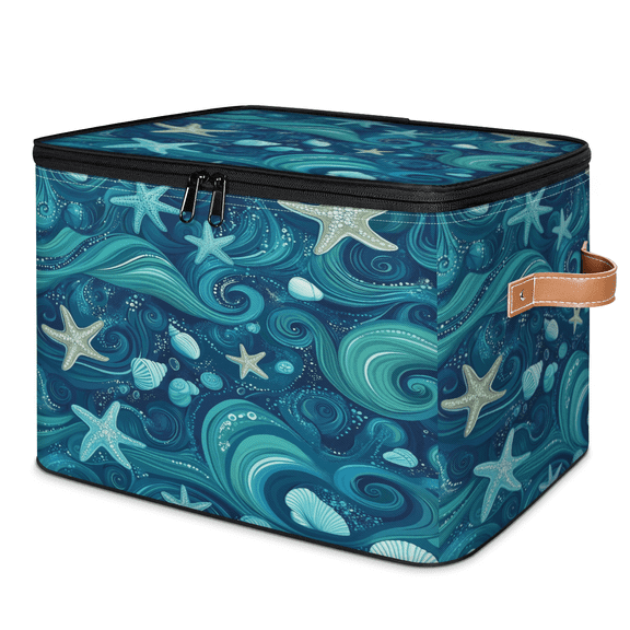 ADECORIVY Teal Starfish Conch Storage Bin with Lid, Fabric Foldable Shelf Baskets Boxes, Sea Shell Closet Lidded Storage Bins, Clothes Organizer Container with Handles for Bedroom Home
