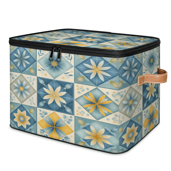 ADECORIVY Teal Talavera Tile Flower Storage Bin with Lid, Decorative Storage Boxes Cube for Shelves, Foldable Storage Baskets Closet Clothes Organizer with Handles
