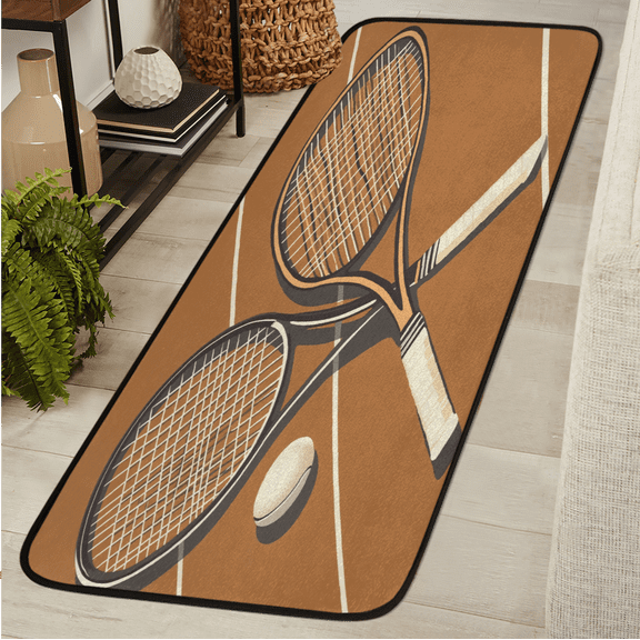 ADECORIVY Tennis Racket Hallway Runner Rug 2x6 Washable Kitchen Runner Non Slip Laundry Room Bathroom Rug Sport Balls Soft Carpet for Living Room Entryway Mat