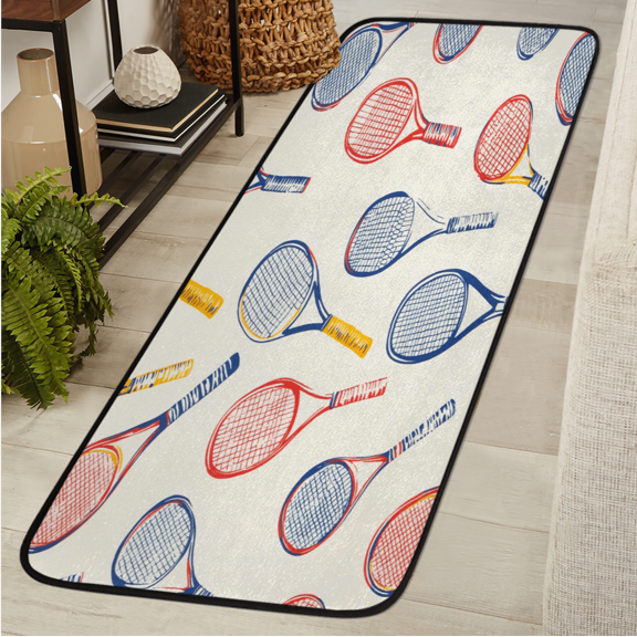 ADECORIVY Tennis Racket Hallway Runner Rug 2x6 Washable Kitchen Runner Non Slip Laundry Room Bathroom Rug Sports Pattern Soft Carpet for Living Room Entryway Mat