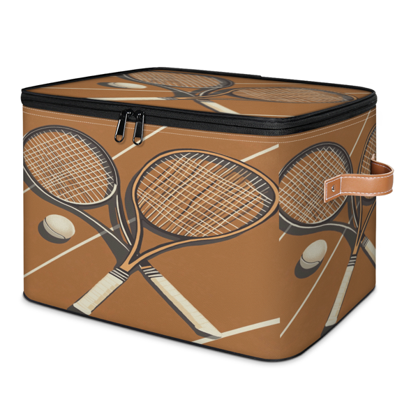 ADECORIVY Tennis Racket Storage Bin with Lid, Fabric Foldable Shelf Baskets Boxes, Sport Balls Closet Lidded Storage Bins, Clothes Organizer Container with Handles for Bedroom Home