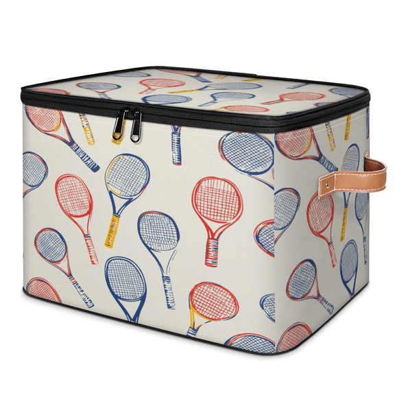 ADECORIVY Tennis Racket Storage Bin with Lid, Fabric Foldable Shelf Baskets Boxes, Sports Pattern Closet Lidded Storage Bins, Clothes Organizer Container with Handles for Bedroom Home