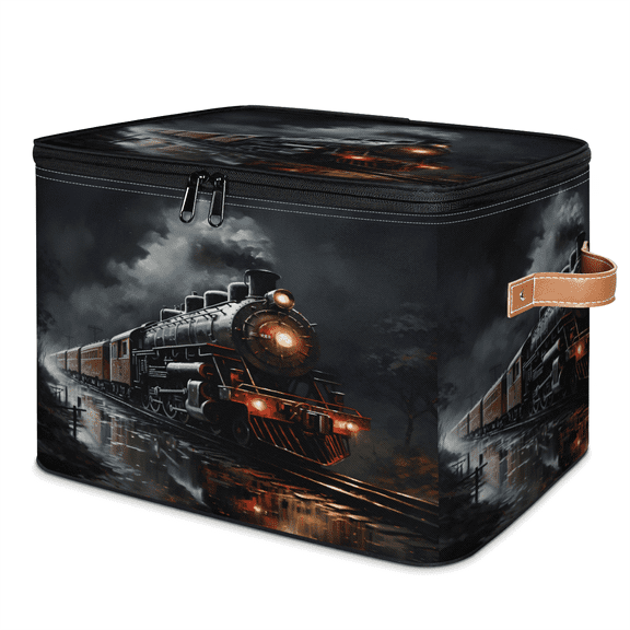 ADECORIVY Train Storage Bin with Lid, Fabric Foldable Shelf Baskets Boxes, Steam Train Closet Lidded Storage Bins, Clothes Organizer Container with Handles for Bedroom Home
