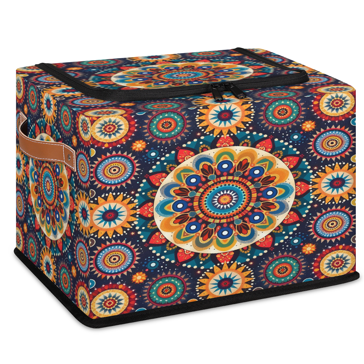 ADECORIVY Tribals Flower Circle Mandala Fabric Storage Bin with Lid, Decorative Closet Shelf Organizers, Foldable Basket Box Clothes Storage Bin with Handles