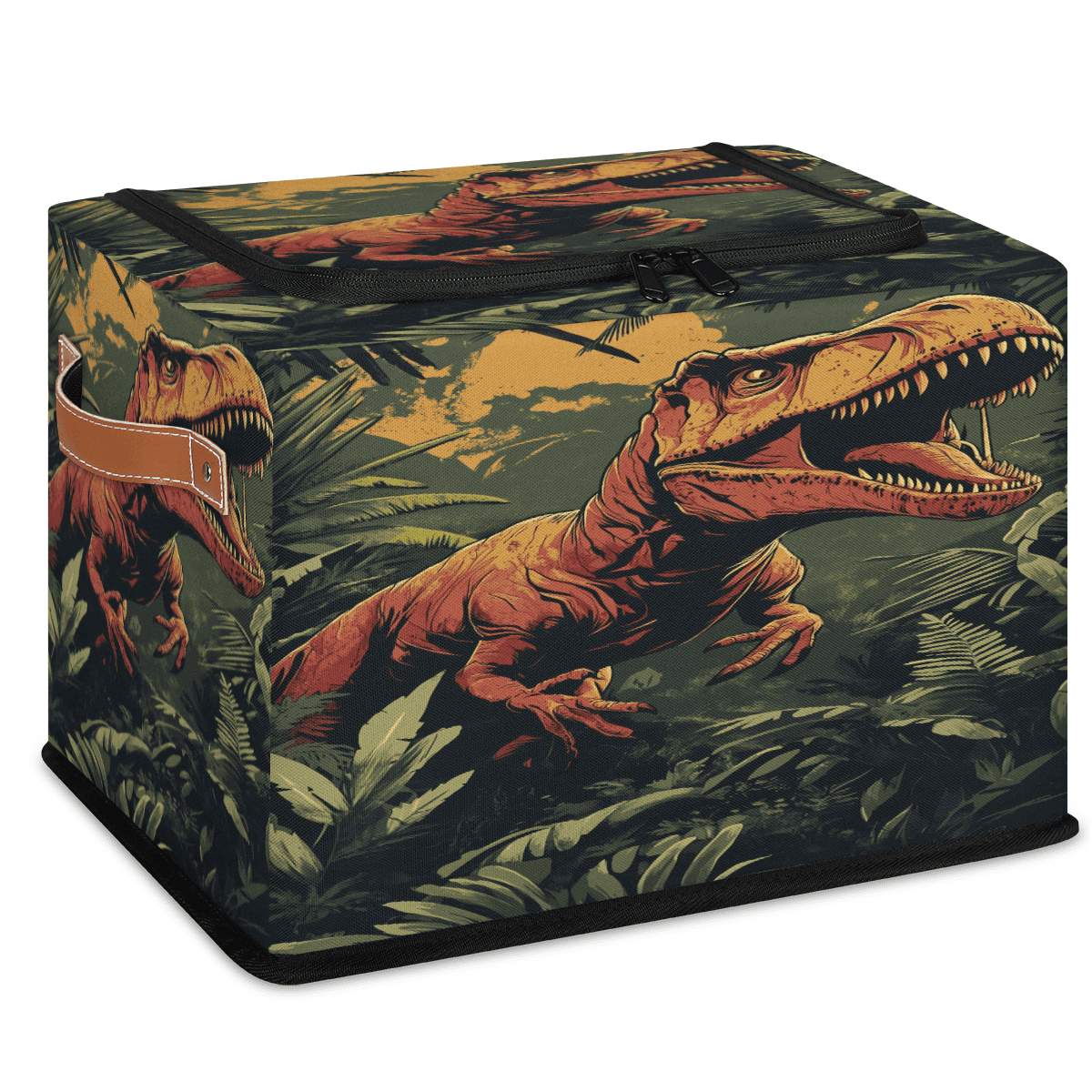 ADECORIVY Tropical Dinosaur Fabric Storage Bin with Lid, Decorative Closet Shelf Organizers, Tyrannosaurus Rex Foldable Basket Box Clothes Storage Bin with Handles