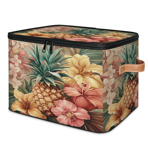 ADECORIVY Tropical Ppineapple Flowers Storage Bin with Lid, Decorative Storage Boxes Cube for Shelves, Foldable Storage Baskets Closet Clothes Organizer with Handles