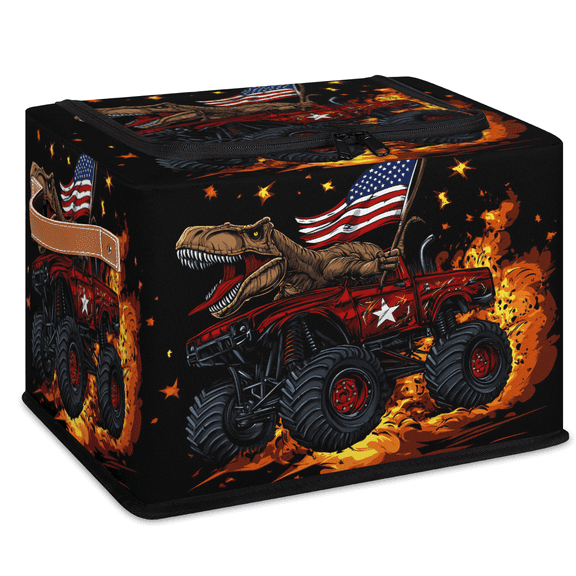 ADECORIVY Truck Dinosaur Fabric Storage Bin with Lid, Decorative Closet Shelf Organizers, American Flag Foldable Basket Box Clothes Storage Bin with Handles