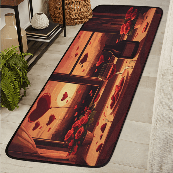 ADECORIVY Valentine's Day Hallway Runner Rug 2x6 Washable Kitchen Runner Non Slip Laundry Room Bathroom Rug Red Wine Hearts Soft Carpet for Living Room Entryway Mat