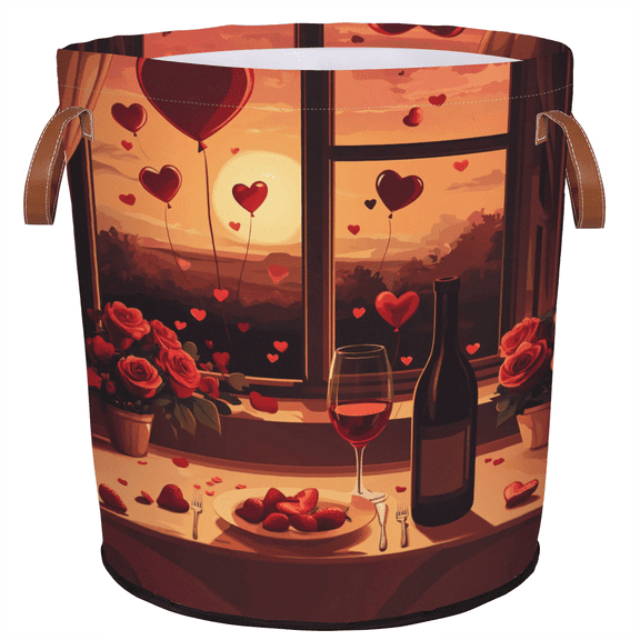 ADECORIVY Valentine's Day Laundry Hamper, Foldable Dirty Clothes Laundry Basket, Red Wine Hearts Waterproof Storage Bin with Handles for Bathroom, Bedroom, Home