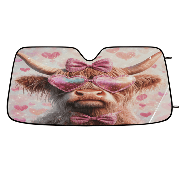 ADECORIVY Valentines Day Windshield Sun Shade Car Sunshade for Front Window Highland Cow Pink Foldable Sun Shield Protector Blocks UV Rays for Car Truck SUV 55 x 27 in