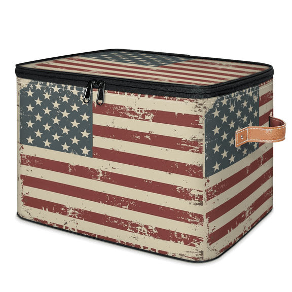 ADECORIVY Vintage American Patriotic Us Flags Storage Bin with Lid, Decorative Storage Boxes Cube for Shelves, Foldable Storage Baskets Closet Clothes Organizer with Handles