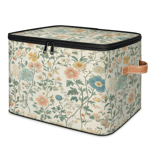 ADECORIVY Vintage Artistic Wildflowers Storage Bin with Lid, Decorative Storage Boxes Cube for Shelves, Foldable Storage Baskets Closet Clothes Organizer with Handles