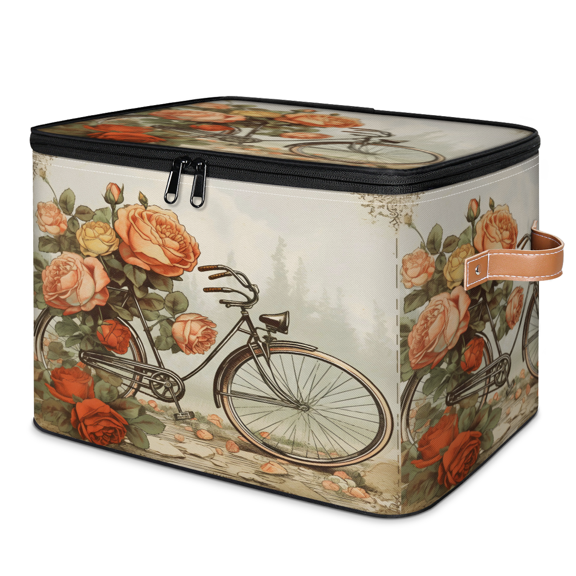 ADECORIVY Vintage Bicycles Rose Storage Bin with Lid, Decorative Storage Boxes Cube for Shelves, Foldable Storage Baskets Closet Clothes Organizer with Handles