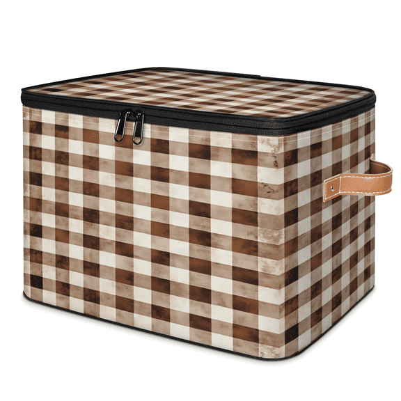 ADECORIVY Vintage Brown Gingham Storage Bin with Lid, Decorative Storage Boxes Cube for Shelves, Foldable Storage Baskets Closet Clothes Organizer with Handles