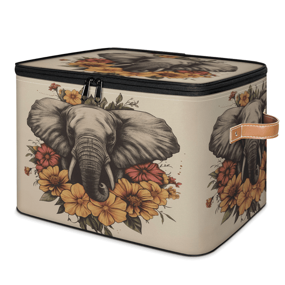 ADECORIVY Vintage Elephant Storage Bin with Lid, Fabric Foldable Shelf Baskets Boxes, Leaves Floral Closet Lidded Storage Bins, Clothes Organizer Container with Handles for Bedroom Home