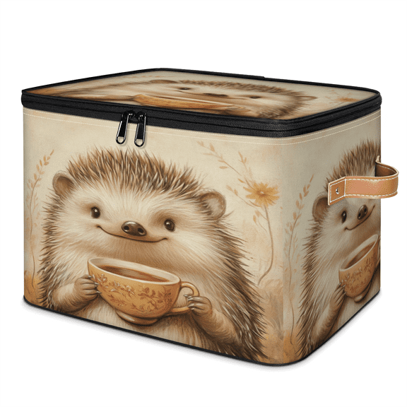 ADECORIVY Vintage Hedgehog Storage Bin with Lid, Fabric Foldable Shelf Baskets Boxes, Coffee Cup Closet Lidded Storage Bins, Clothes Organizer Container with Handles for Bedroom Home