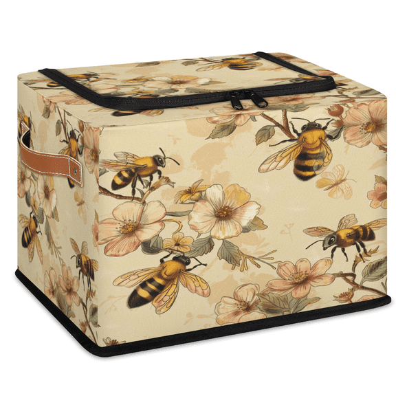 ADECORIVY Vintage Honey Bees Wildflowers Fabric Storage Bin with Lid, Foldable Storage Box Decorative Cube Organizer Basket for Closet Shelf Organizing Clothes
