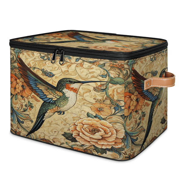 ADECORIVY Vintage Hummingbird Storage Bin with Lid, Fabric Foldable Shelf Baskets Boxes, Flowers Closet Lidded Storage Bins, Clothes Organizer Container with Handles for Bedroom Home