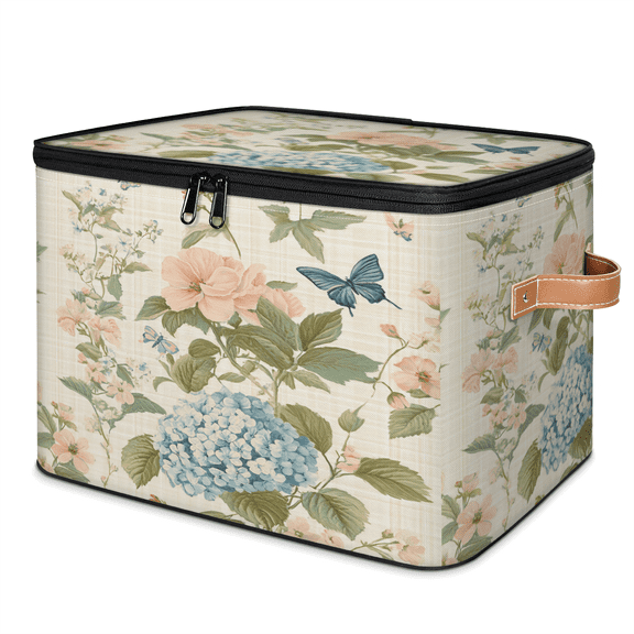 ADECORIVY Vintage Hydrangea Storage Bin with Lid, Fabric Foldable Shelf Baskets Boxes, Blue Flowers Closet Lidded Storage Bins, Clothes Organizer Container with Handles for Bedroom Home
