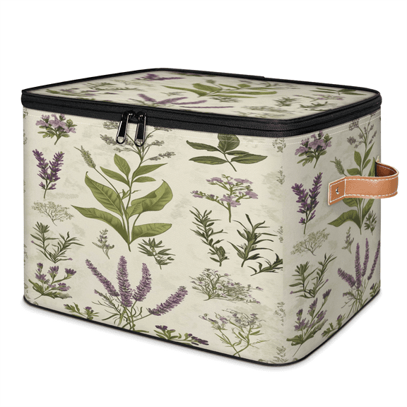 ADECORIVY Vintage Lavender Floral Storage Bin with Lid, Fabric Foldable Shelf Baskets Boxes, Flower Leaves Closet Lidded Storage Bins, Clothes Organizer Container with Handles for Bedroom Home