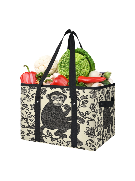 Vintage Monkey Reusable Grocery Bags, Foldable Shopping Bags for Groceries with Handles, Large Grocery Tote for Kitchen, Market, Car, Trunk, Picnic