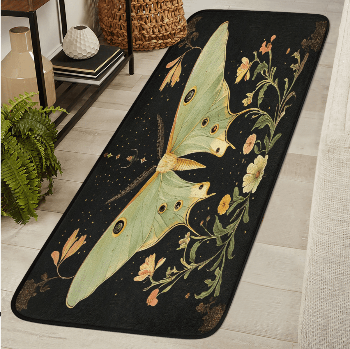 ADECORIVY Vintage Moon Phase Moth Flowers Runner Rug 2x6 Washable ...