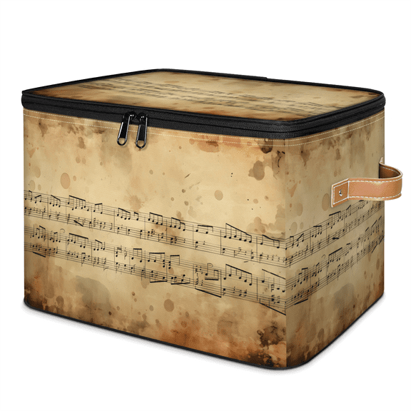 ADECORIVY Vintage Musical Notes Storage Bin with Lid, Decorative Storage Boxes Cube for Shelves, Foldable Storage Baskets Closet Clothes Organizer with Handles