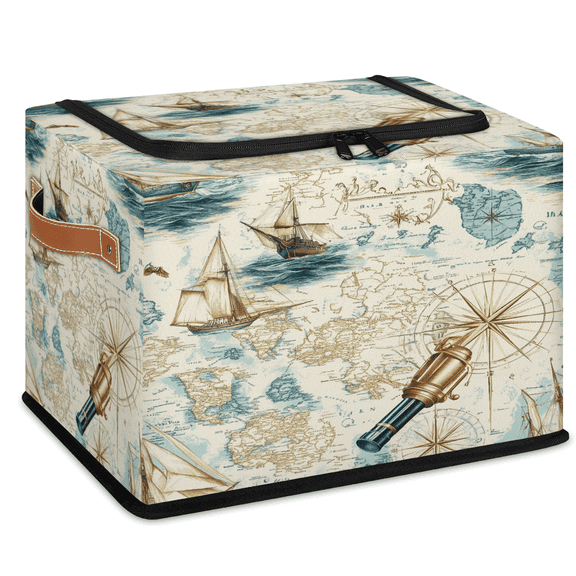 ADECORIVY Vintage Nautical Fabric Storage Bin with Lid, Decorative Closet Shelf Organizers, Sea Map Ship Foldable Basket Box Clothes Storage Bin with Handles