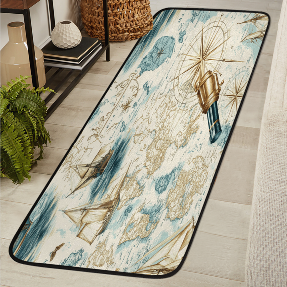 ADECORIVY Vintage Nautical Hallway Runner Rug 2x6 Washable Kitchen Runner Non Slip Laundry Room Bathroom Rug Sea Map Ship Soft Carpet for Living Room Entryway Mat