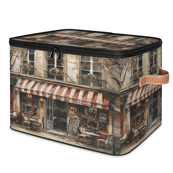 ADECORIVY Vintage Paris Storage Bin with Lid, Fabric Foldable Shelf Baskets Boxes, Retro France Cafe de Oil Painting Closet Lidded Storage Bins, Clothes Organizer Container with Handles for Bedroom
