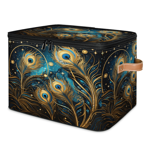 ADECORIVY Vintage Peacock Feathers Storage Bin with Lid, Decorative Storage Boxes Cube for Shelves, Foldable Storage Baskets Closet Clothes Organizer with Handles