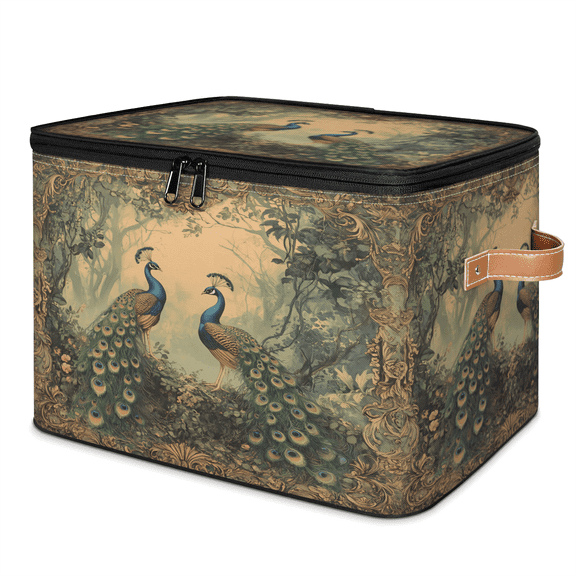 ADECORIVY Vintage Peacock Storage Bin with Lid, Fabric Foldable Shelf Baskets Boxes, Flower Art Closet Lidded Storage Bins, Clothes Organizer Container with Handles for Bedroom Home