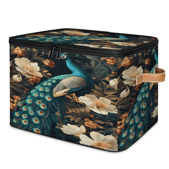 ADECORIVY Vintage Peacock Storage Bin with Lid, Fabric Foldable Shelf Baskets Boxes, White Floral Bird Closet Lidded Storage Bins, Clothes Organizer Container with Handles for Bedroom Home