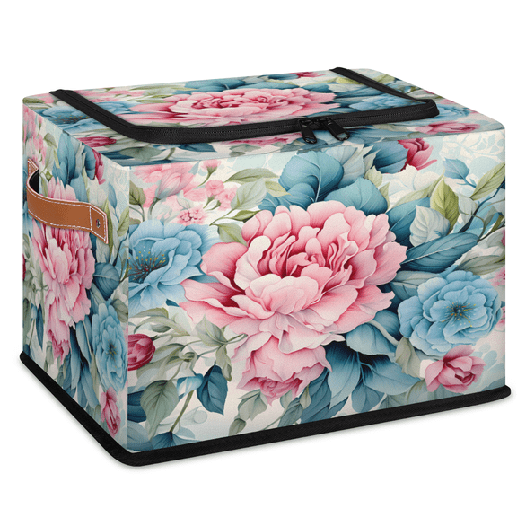 ADECORIVY Vintage Peonies Rose Fabric Storage Bin with Lid, Foldable Storage Box Decorative Cube Organizer Basket for Closet Shelf Organizing Clothes