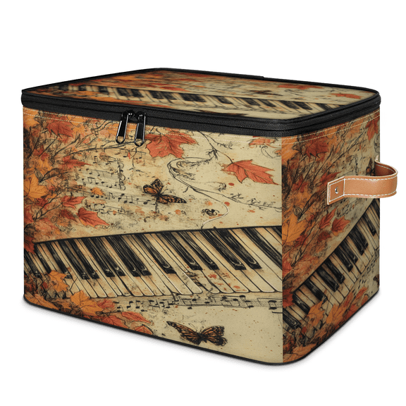 ADECORIVY Vintage Piano Keyboard Storage Bin with Lid, Fabric Foldable Shelf Baskets Boxes, Fall Leaves Closet Lidded Storage Bins, Clothes Organizer Container with Handles for Bedroom Home
