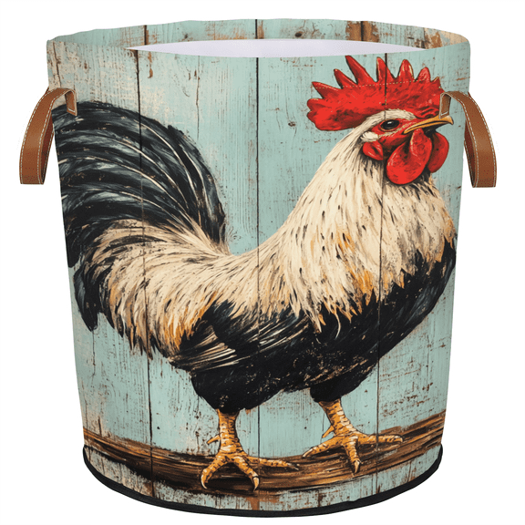 ADECORIVY Vintage Rooster Laundry Hamper, Foldable Dirty Clothes Laundry Basket, Wooden Board Chicken Waterproof Storage Bin with Handles for Bathroom, Bedroom, Home