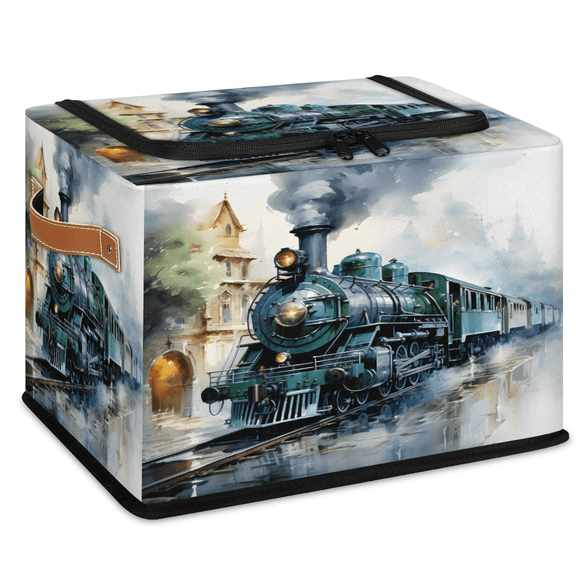 ADECORIVY Vintage Stream Train Fabric Storage Bin with Lid, Foldable Storage Box Decorative Cube Organizer Basket for Closet Shelf Organizing Clothes