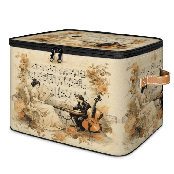 ADECORIVY Violin Storage Bin with Lid, Fabric Foldable Shelf Baskets Boxes, Musical Notes Closet Lidded Storage Bins, Clothes Organizer Container with Handles for Bedroom Home
