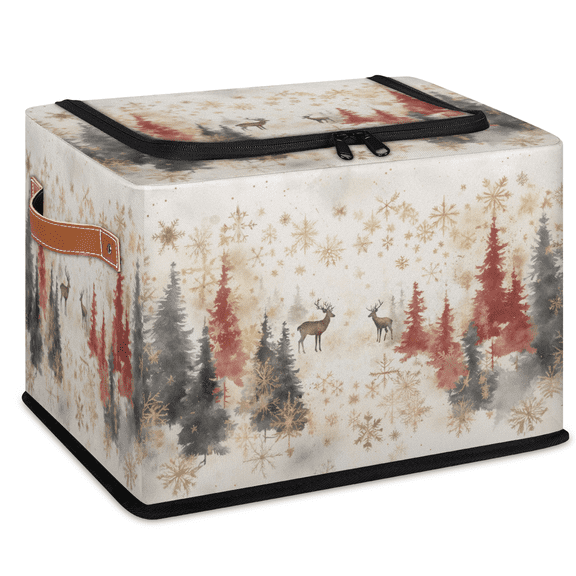 ADECORIVY Watercolor Christmas Forest Deer Fabric Storage Bin with Lid, Foldable Storage Box Decorative Cube Organizer Basket for Closet Shelf Organizing Clothes