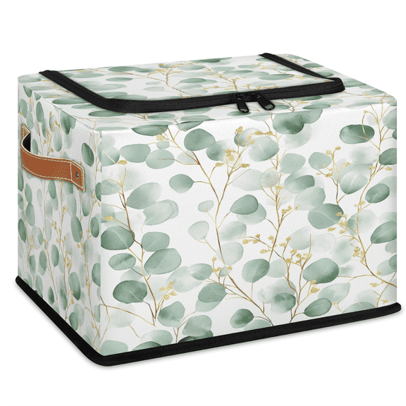 ADECORIVY Watercolor Eucalyptus Leaves Fabric Storage Bin with Lid, Foldable Storage Box Decorative Cube Organizer Basket for Closet Shelf Organizing Clothes