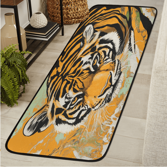 ADECORIVY Watercolor Tiger Hallway Runner Rug 2x6 Washable Kitchen Runner Non Slip Laundry Room Bathroom Rug Yellow Animal Soft Carpet for Living Room Entryway Mat