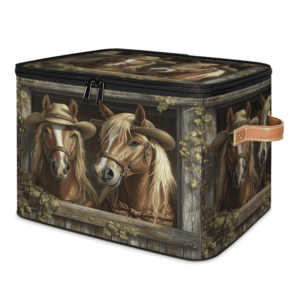 ADECORIVY Western Cowboy Horse Storage Bin with Lid, Decorative Storage Boxes Cube for Shelves, Foldable Storage Baskets Closet Clothes Organizer with Handles