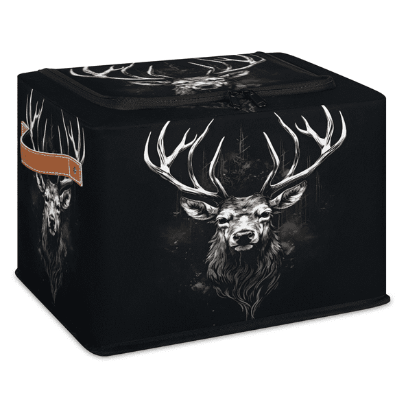 ADECORIVY White Black Deer Antler Fabric Storage Bin with Lid, Foldable Storage Box Decorative Cube Organizer Basket for Closet Shelf Organizing Clothes