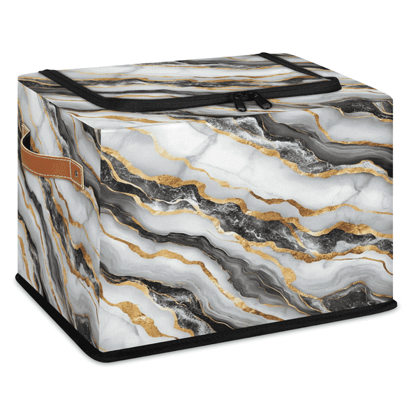 ADECORIVY White Golden Marble Fabric Storage Bin with Lid, Decorative Closet Shelf Organizers, Black Texture Foldable Basket Box Clothes Storage Bin with Handles